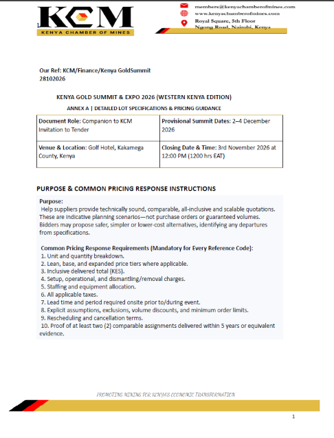 Kenya Gold Summit & Expo 2026 Tender Annexures