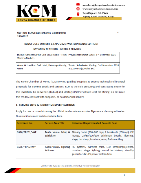 Kenya Gold Summit & Expo 2026 Tender